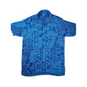 Cabali Mens XXL Blue Tribal Dolphin Sea Turtle Print Short Sleeve Button Shirt